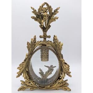 Vtg Gold Plated Ormolu Filigree Perfume Bottle Cherub Bird Hollywood Regency